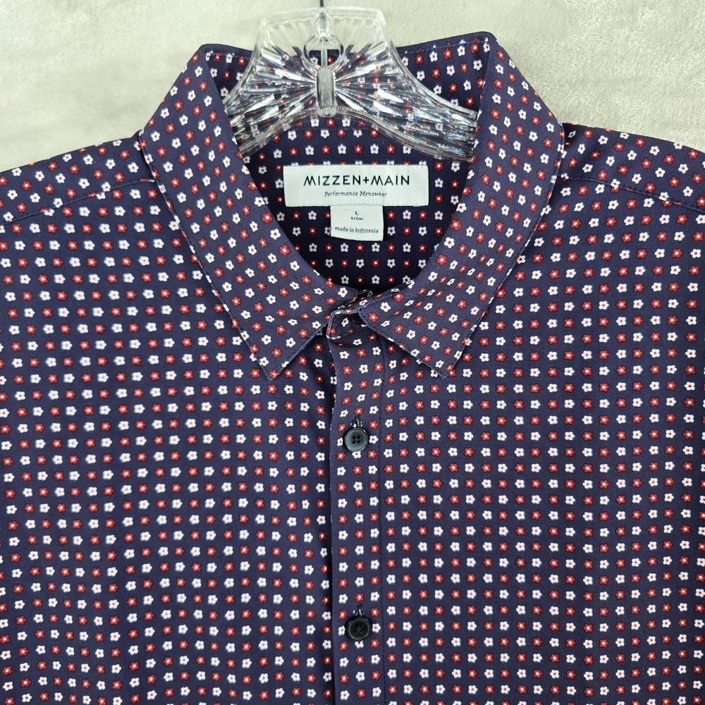 Mizzen+Main Button Down Mens Large Trim Blue Floral Performance Short Sleeve